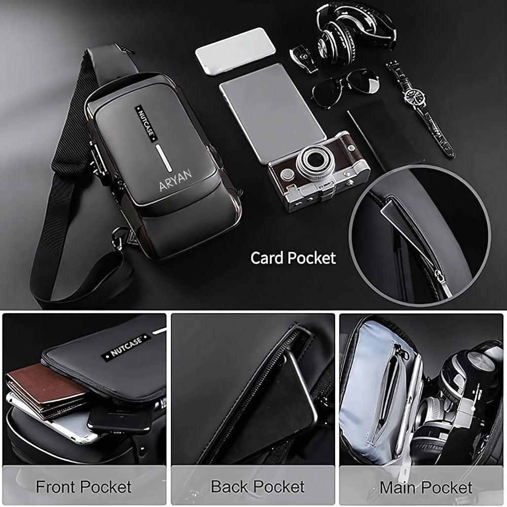 Anti-Theft Sling Bag for Men | Customized Crossbody Side Bag Waterproof Backpack with Built-in Lock & USB Charging Port