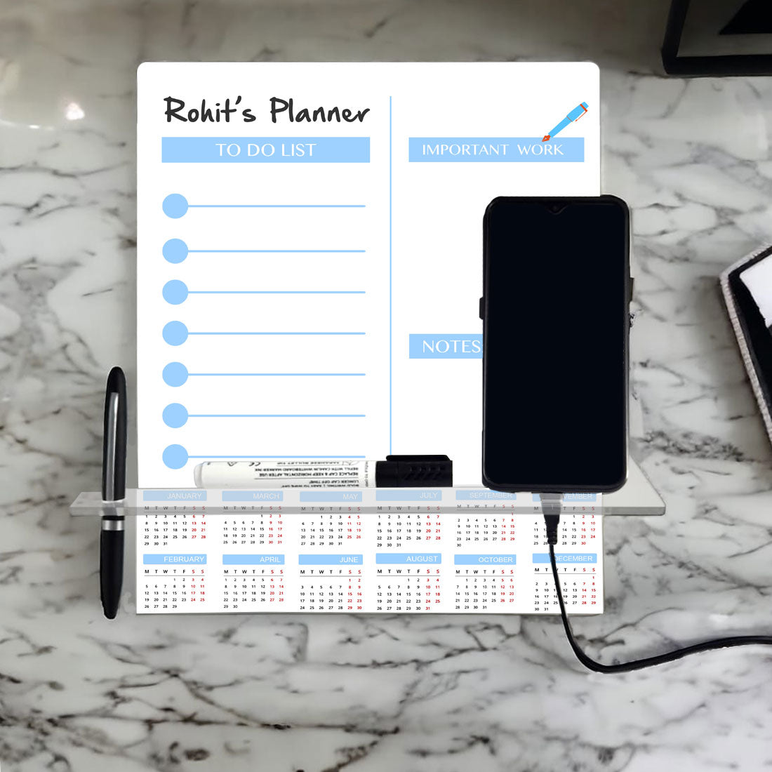 Planner for Desk with Name Personalized Planning Board with Calendar and Phone Stand