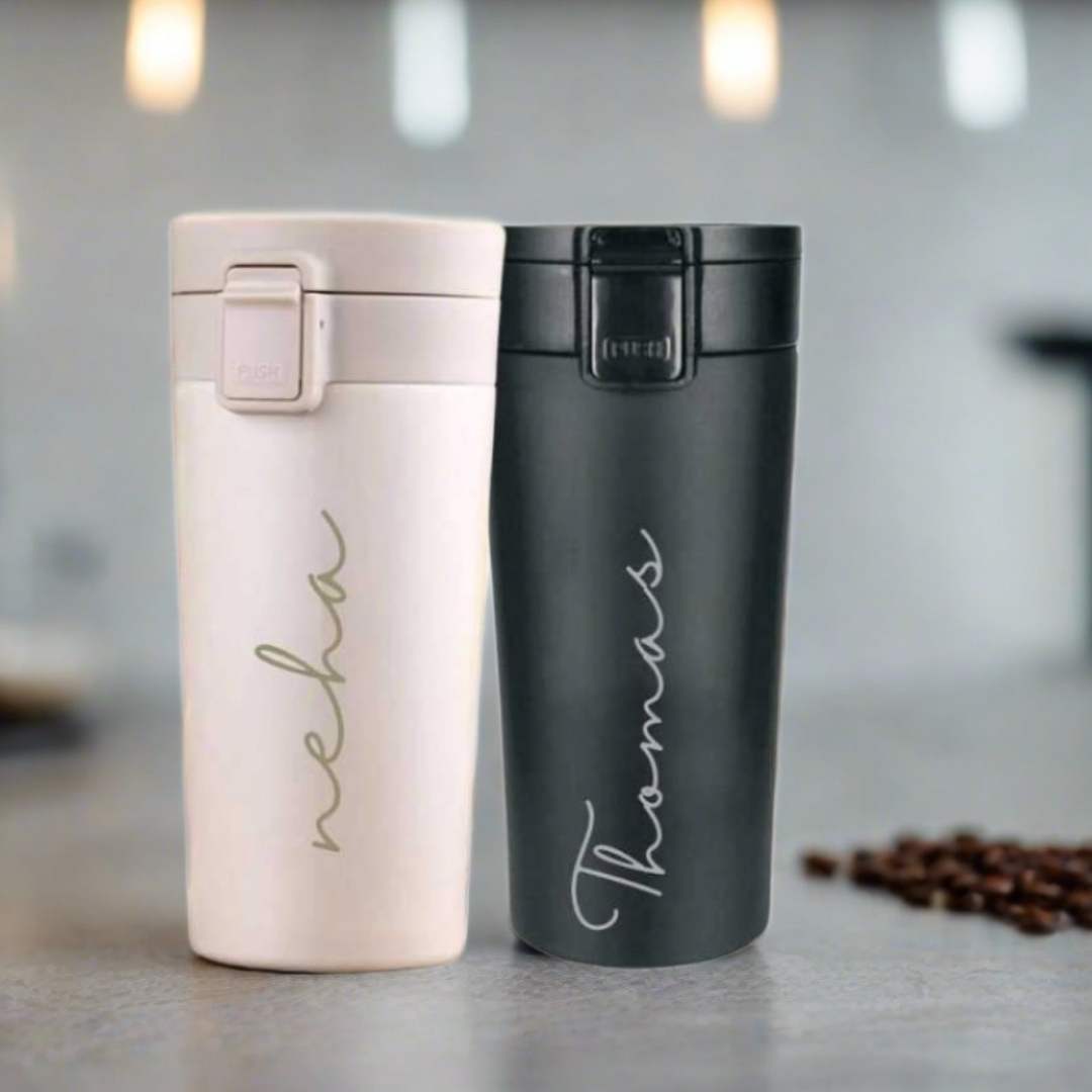 Personalized Travel Coffee Flask Sipper With Name Engraved Calligraphy Set of