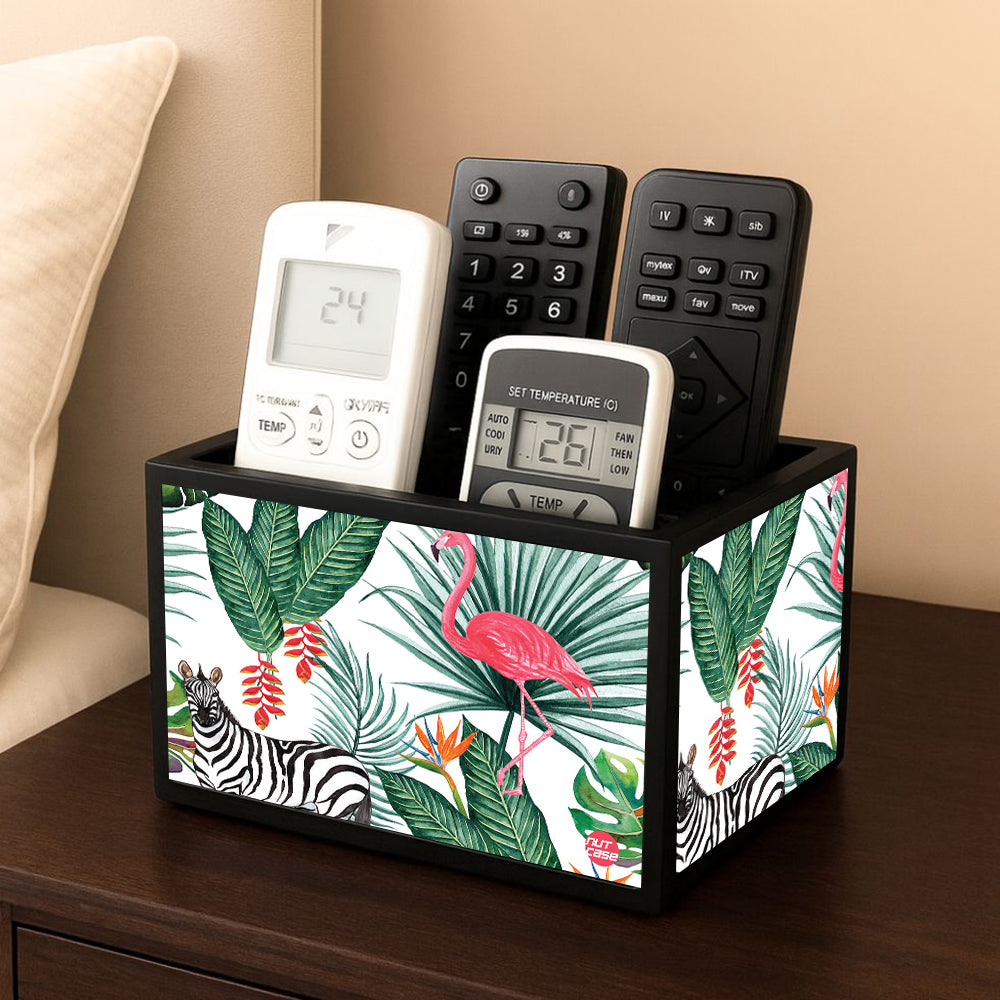 Cool Remote Control Holder For TV / AC Remotes - White Hibiscus Leaves With Flamingo