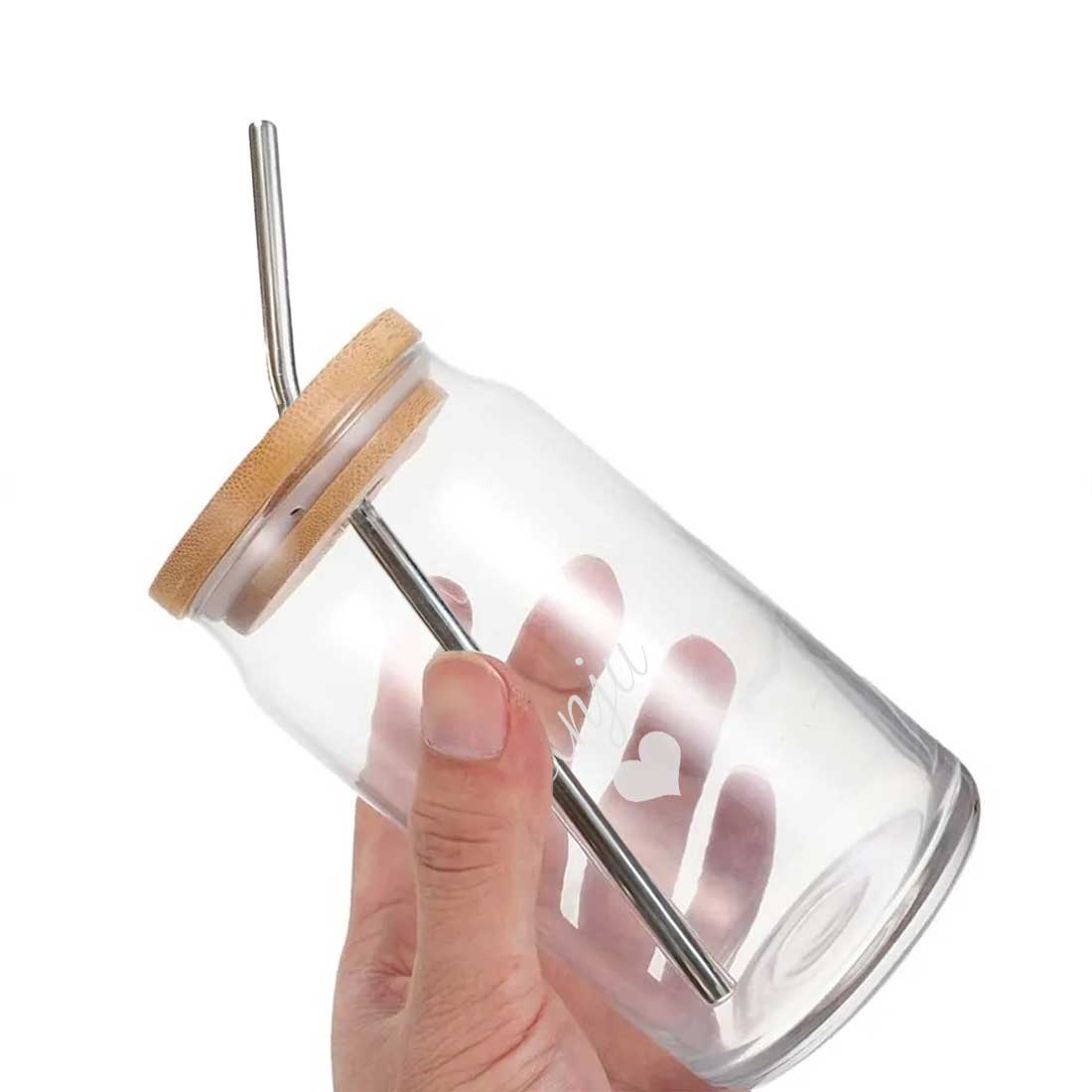 Personalized Glass Bottle with Straw (Metal) and Wooden Lid