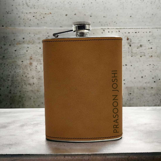 Brown Customized Faux Leather Engraved Hip Flask 