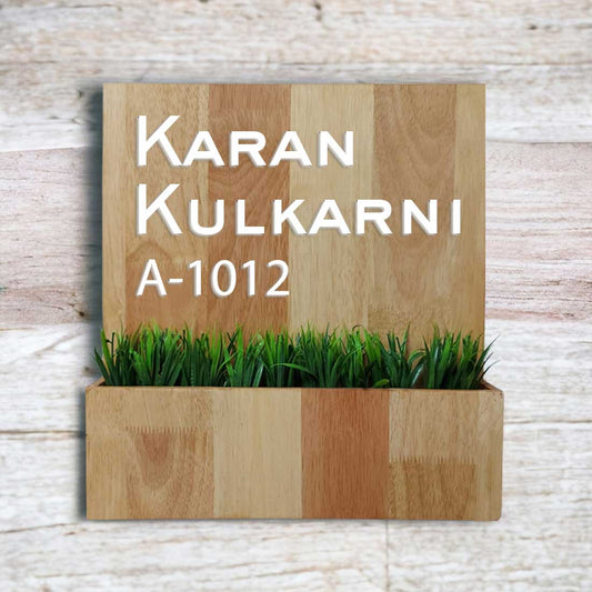 Wooden Name Board with Planter Artificial Greens Included-3D Raised Fonts