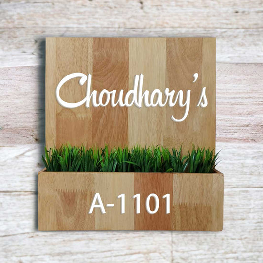 Wooden Name Plate Design with Planter Artificial Greens Included-3D Raised Fonts