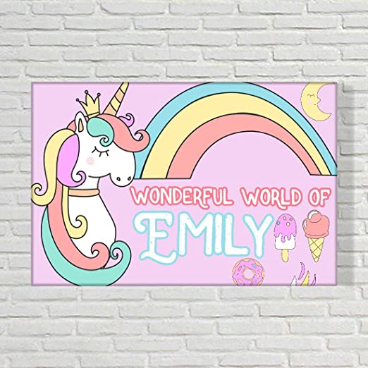 Custom-Made Name Plate for Kids -  Magical Unicorn Rainbows