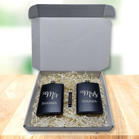 Personalized Engraved Set of 2 Hip Flasks with Opener Gift Box Mr Mrs