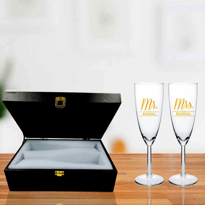 Gift Box With Mr and Mrs Champagne Glasses Set of 2 Available in Black & Pink Boxes - Anniversary Gifts