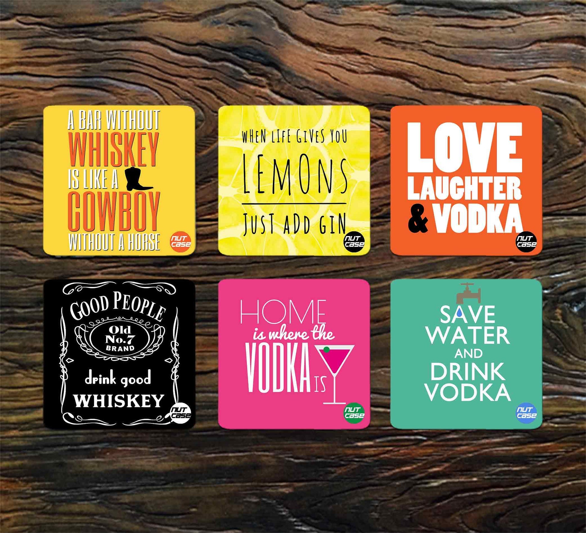 Designer Metal Coasters for Bar Pack of 6 - Drink Vodka Nutcase