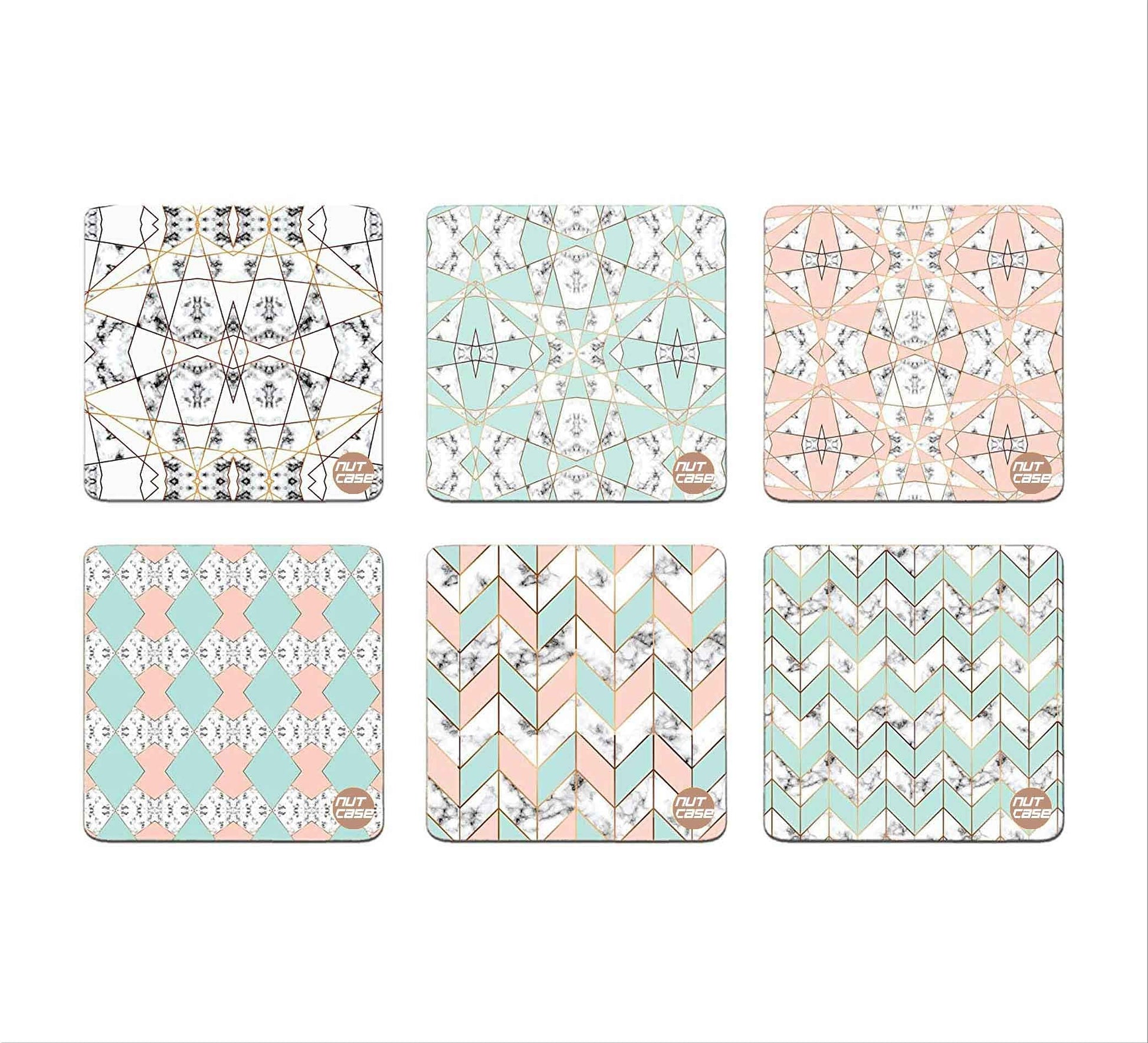 Square Design Coaster Set of 6 for Coffee Mugs & Water Glasses - Marble Pastel Nutcase