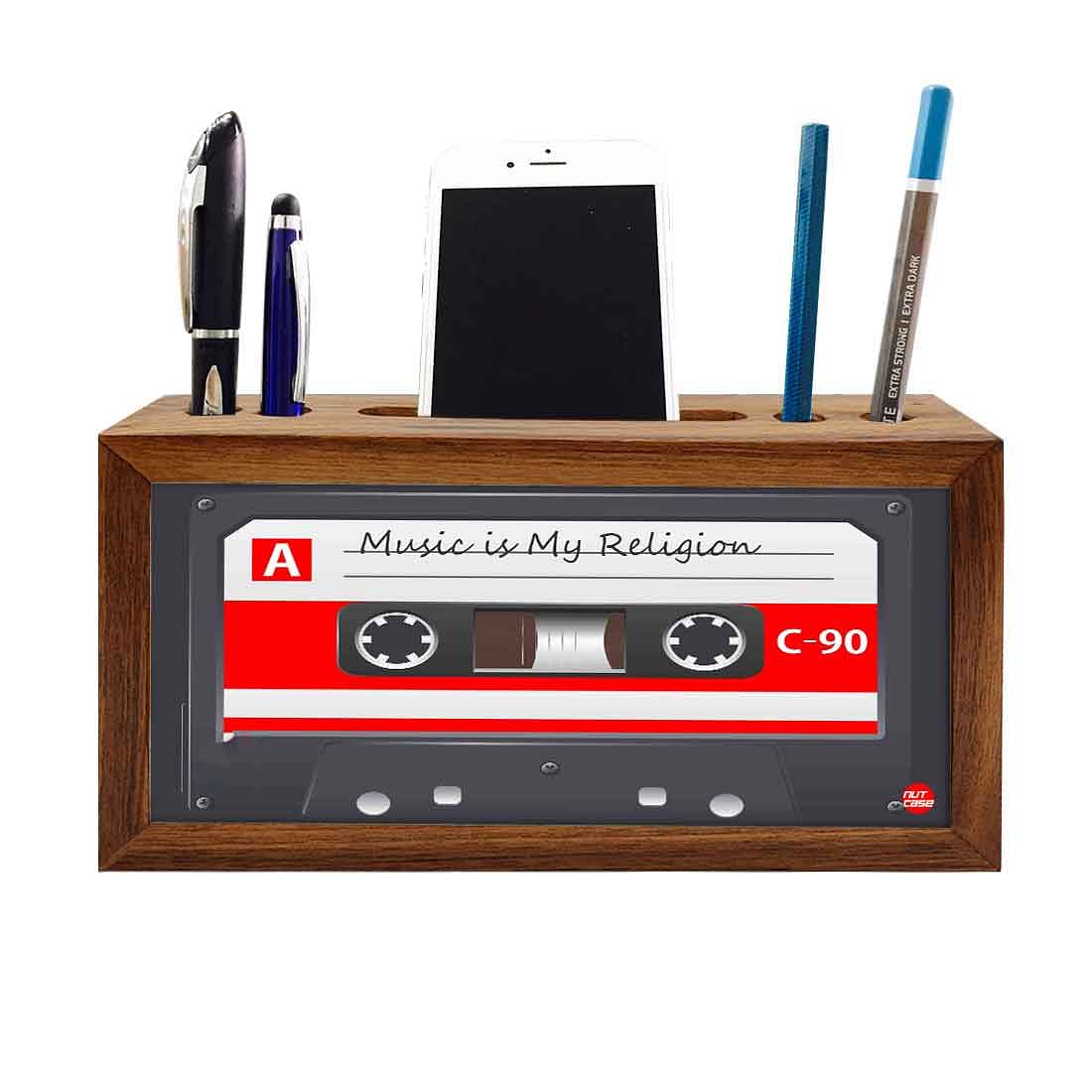 Wooden Stationary Holder Pen Mobile Stand for Office - Cassette Retro Music Nutcase