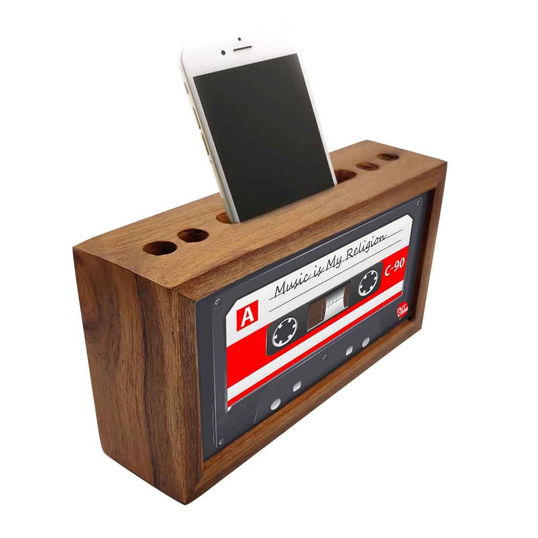 Wooden Stationary Holder Pen Mobile Stand for Office - Cassette Retro Music Nutcase