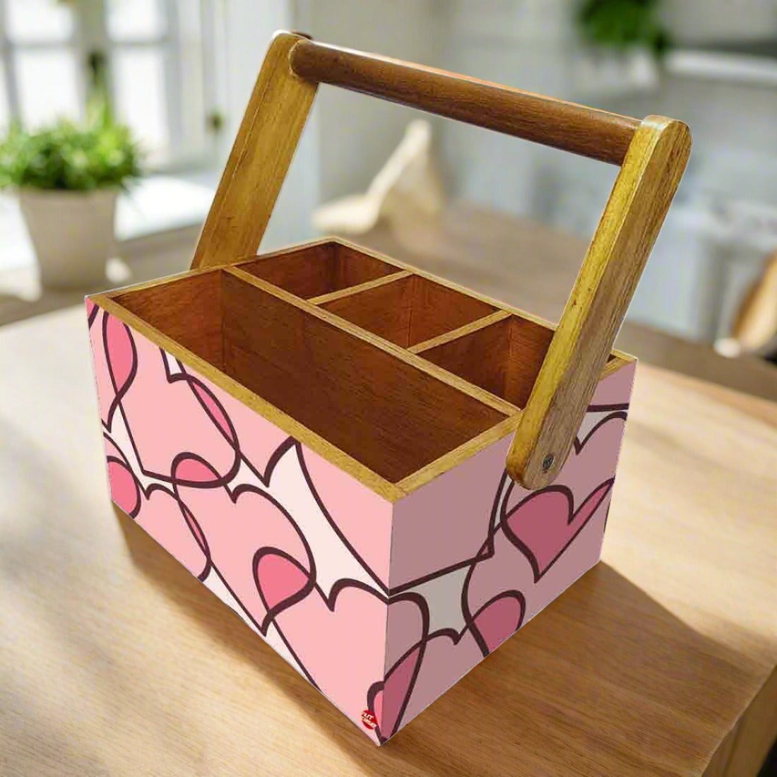 Wooden Cutlery Holder With Handle for Kitchen Storage - Pink Heart Nutcase