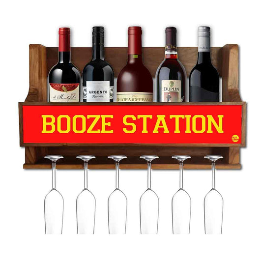 Wall Mounted Wine Rack and Glass Holder Mini Bar Cabinet for 5 Bottles 6 Glasses - Booze Station Nutcase