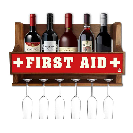 Wall Mounted Wooden Wine Rack Glass Holder Mini Bar for 5 Bottles 6 Glasses - First Aid Nutcase