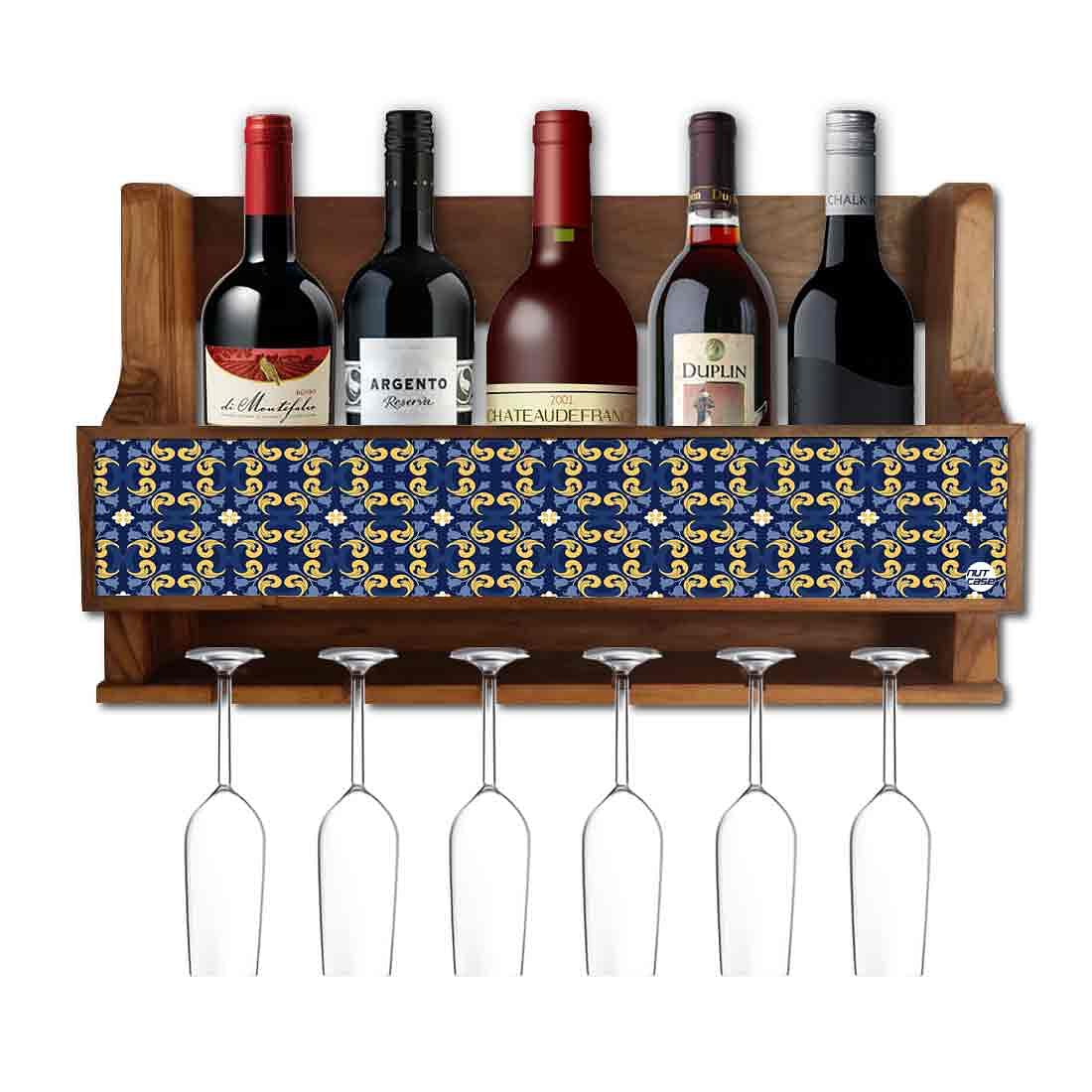 Nutcase Designer Wooden Wine Rack Gloss Holder, Teak Wood Wall Mounted  Wine, Cabinet , 5 bottle Hangers for 6 Wine Glasses 