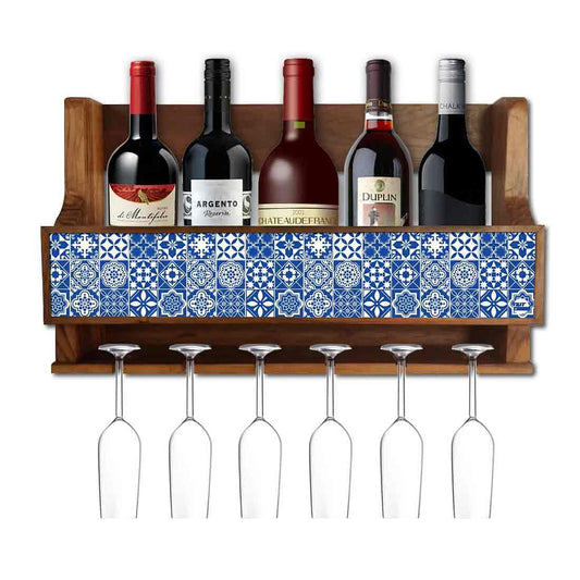 Wall Mounted Wine Rack Cabinet for Living Room - Stores 5 Bottles 6 Glasses - Spanish Pattern Nutcase