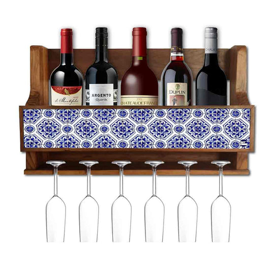 Wall Mounted Wooden Wine Cabinet for Living Room 5 Bottles 6 Glasses - Spanish Tiles Nutcase