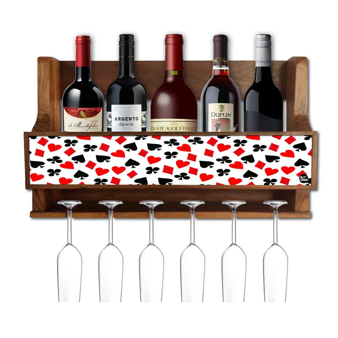 Wall mounted wine glass bottle display rack for inverted glasses wine bottles made with solid teak wood in natural