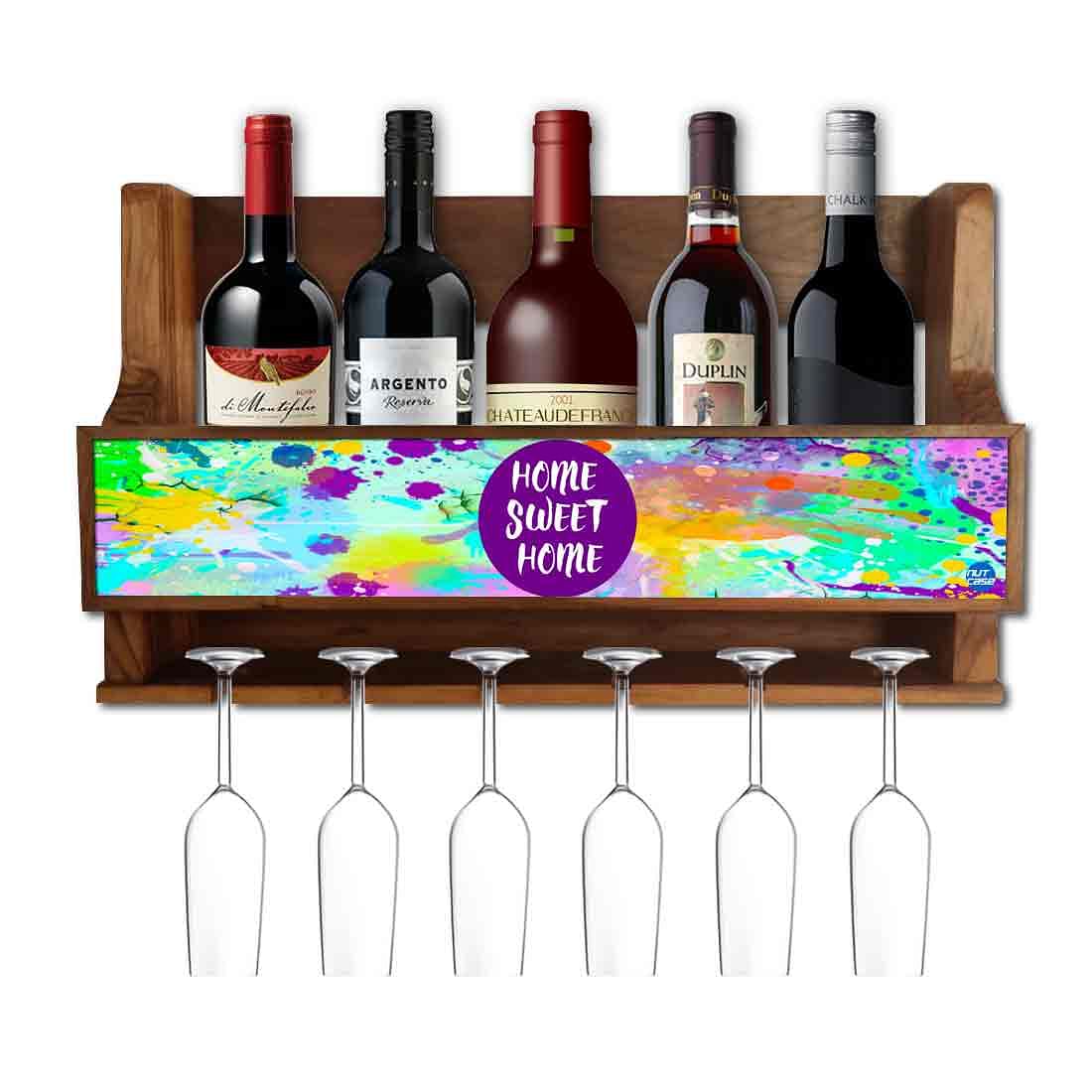 Wall mounted wine glass bottle display rack for inverted glasses  wine bottles made with solid teak wood in natural