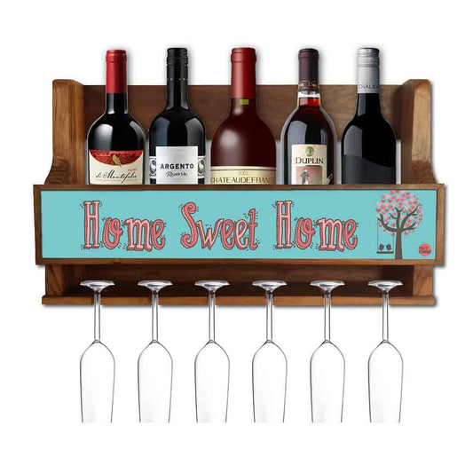 Designer Wooden Wall Wine Bottle Holder for Living Room 5 Bottles 6 Glasses - Sweet Home Nutcase