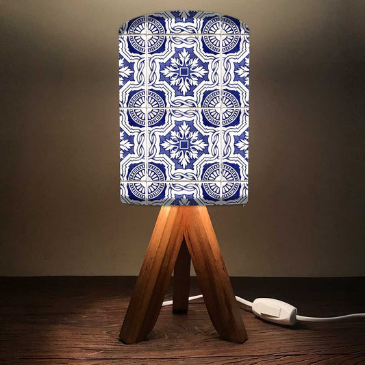 Small Wooden Tripod Table Lamp for Bedroom Living Room-Spanish White Blue Nutcase