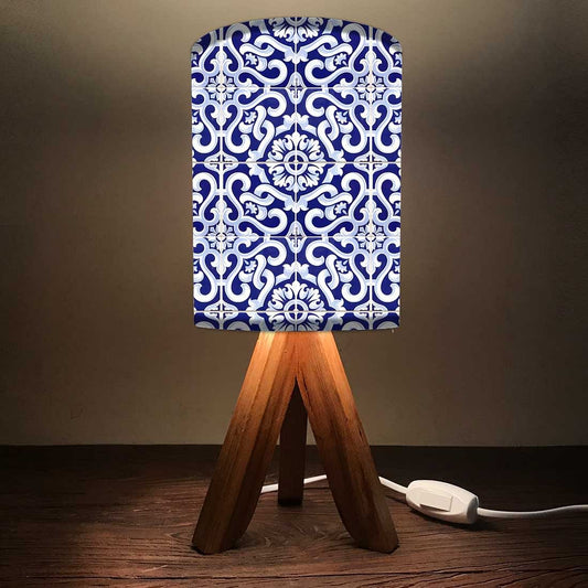 Wooden Base Bedside Lamp For Bedroom - Spanish Tiles Floral White Nutcase