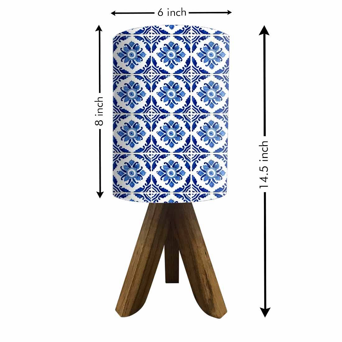 Wooden Bedside Lamp Mini Tripod Light for Bedroom Living Room-Blue Flower Tiles Nutcase