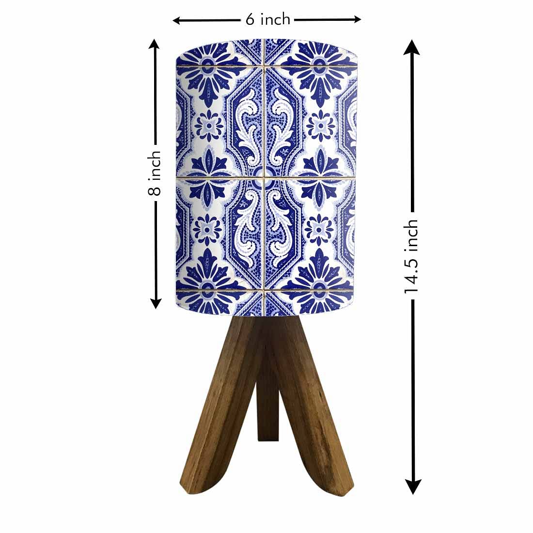 Wooden Tripod Table Lamp For Bedroom - Vertical Blue Flower Tiles Nutcase