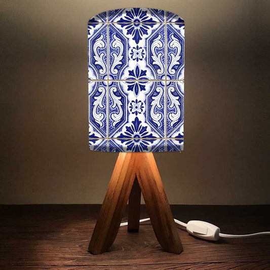 Wooden Tripod Table Lamp For Bedroom - Vertical Blue Flower Tiles Nutcase