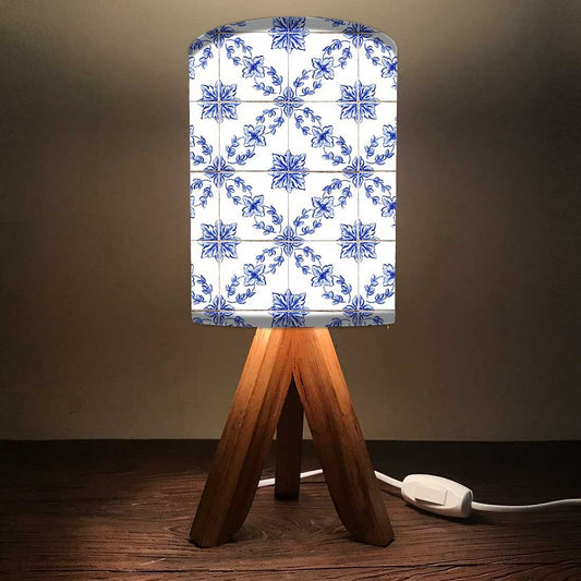 Wooden Table Lamp For Bedroom - White Flower Tiles Nutcase
