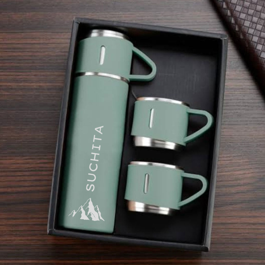 Personalised Tea Flask Thermos With 2 Cups Set - Mountain