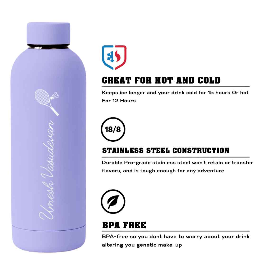 Double Insulated Name Bottle Stainless Steel Water Bottles for Travel Office Gym Home - BPA Free, Leakproof