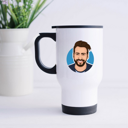 Personalized Insulated Travel Coffee Mug with Photo Cartoonized Avatar - Gift for Him