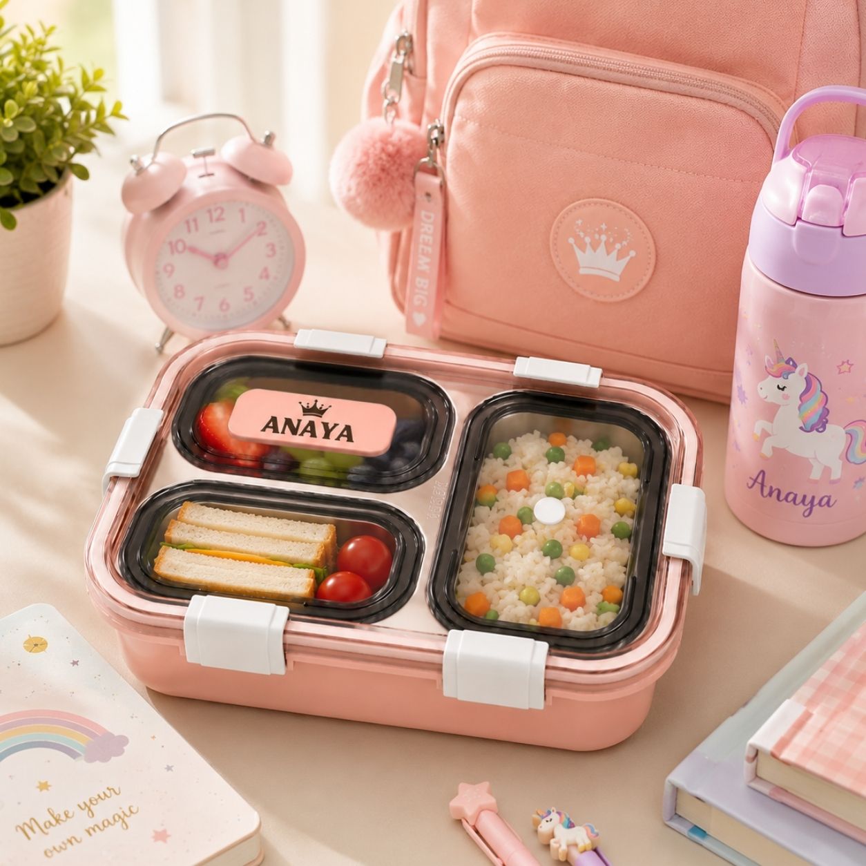 Personalized Kids Stainless Steel Lunch Box – 3-Compartment Leak-Proof