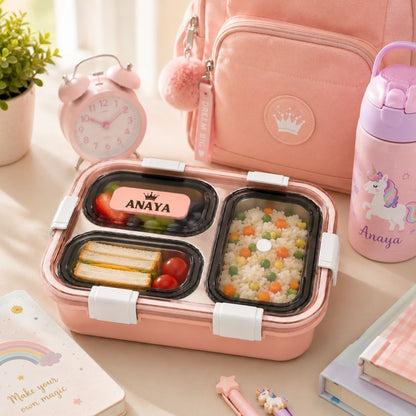 Personalized Kids Stainless Steel Lunch Box – 3-Compartment Leak-Proof