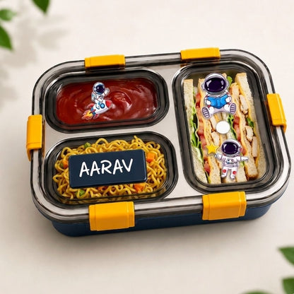 Personalized Kids Stainless Steel Lunch Box | Custom Name 3 Compartment Leakproof Tiffin Box For Boys - Space