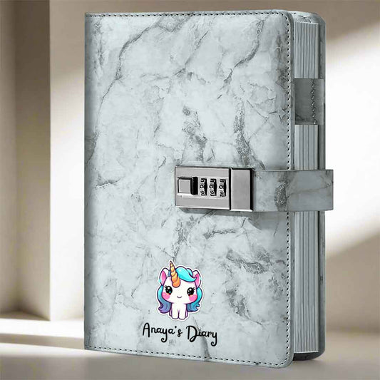 Custom Unicorn Diary with Lock - Marble Design Diaries with Pen