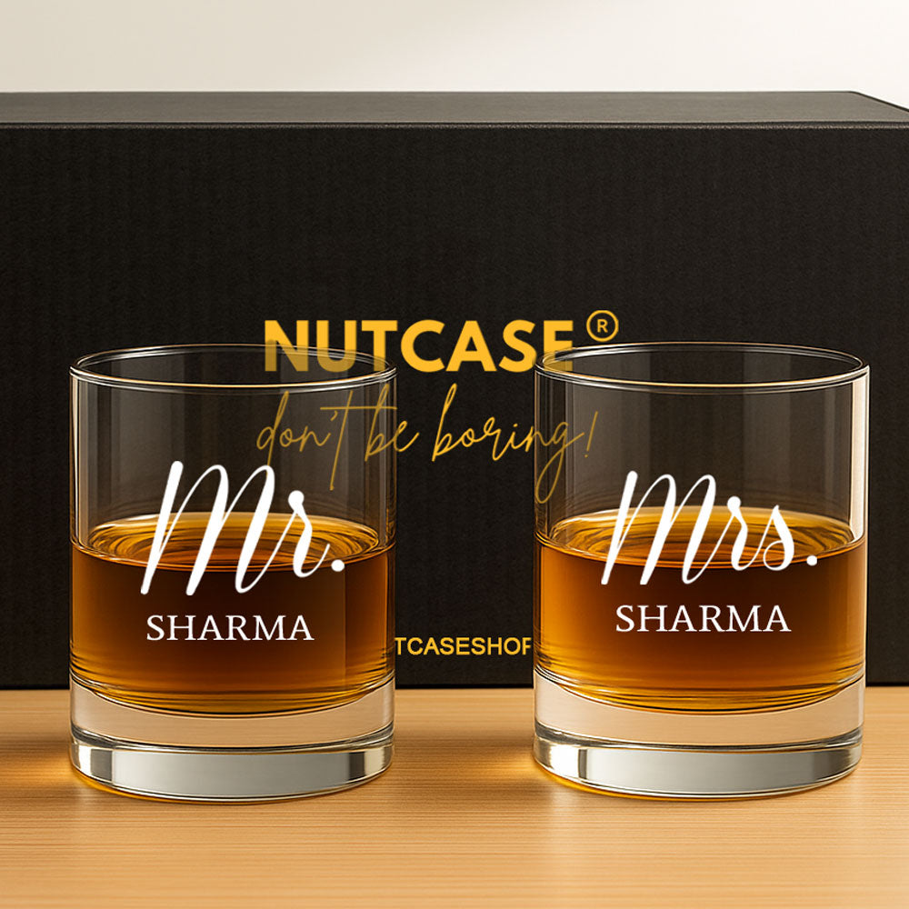 Mr & Mrs Whiskey Glass Set - Gift Box for Couples
