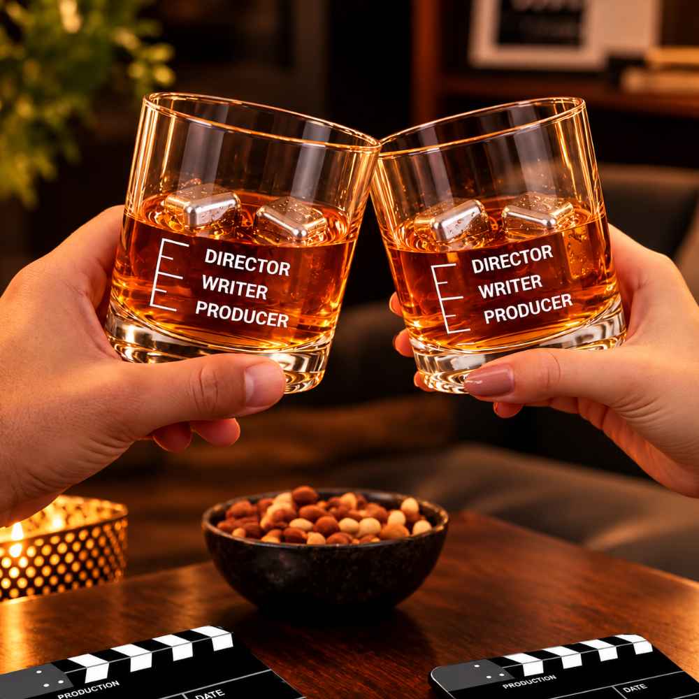 Movie-Themed Gift Set for Film Industry – Funny Peg Measure Glasses Set of 2 & Clapboard Metal Coasters Set of 4 - Filmy