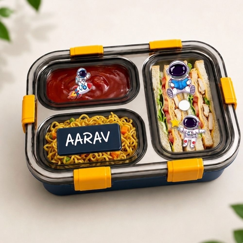 Personalized Kids Stainless Steel Lunch Box | Custom Name 3 Compartment Leakproof Tiffin Box