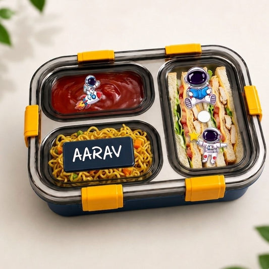 Personalized Kids Stainless Steel Lunch Box | Custom Name 3 Compartment Leakproof Tiffin Box For Boys - Space