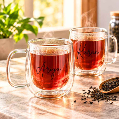 Personalized Double Walled Glass Coffee Mugs Set of 2 | Custom Tea & Coffee Cups