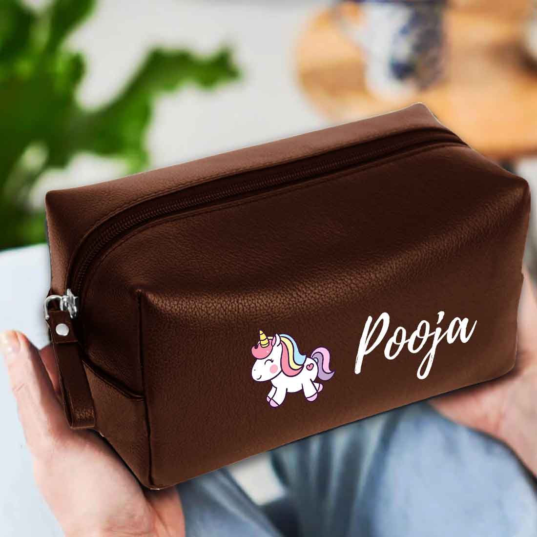 Custom Organizer Pouch with Name - Unicorn Design Premium Leather Pouch