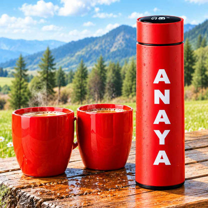 Custom Red Mugs with Red Flask Gift Set-2 Pcs Red Ceramic Coffee Mugs & 500ml Smart LED Temperature Display Coffee Flask Combo