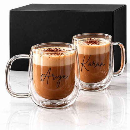 Personalized Double Walled Glass Coffee Mugs Set of 2 | Custom Tea & Coffee Cups