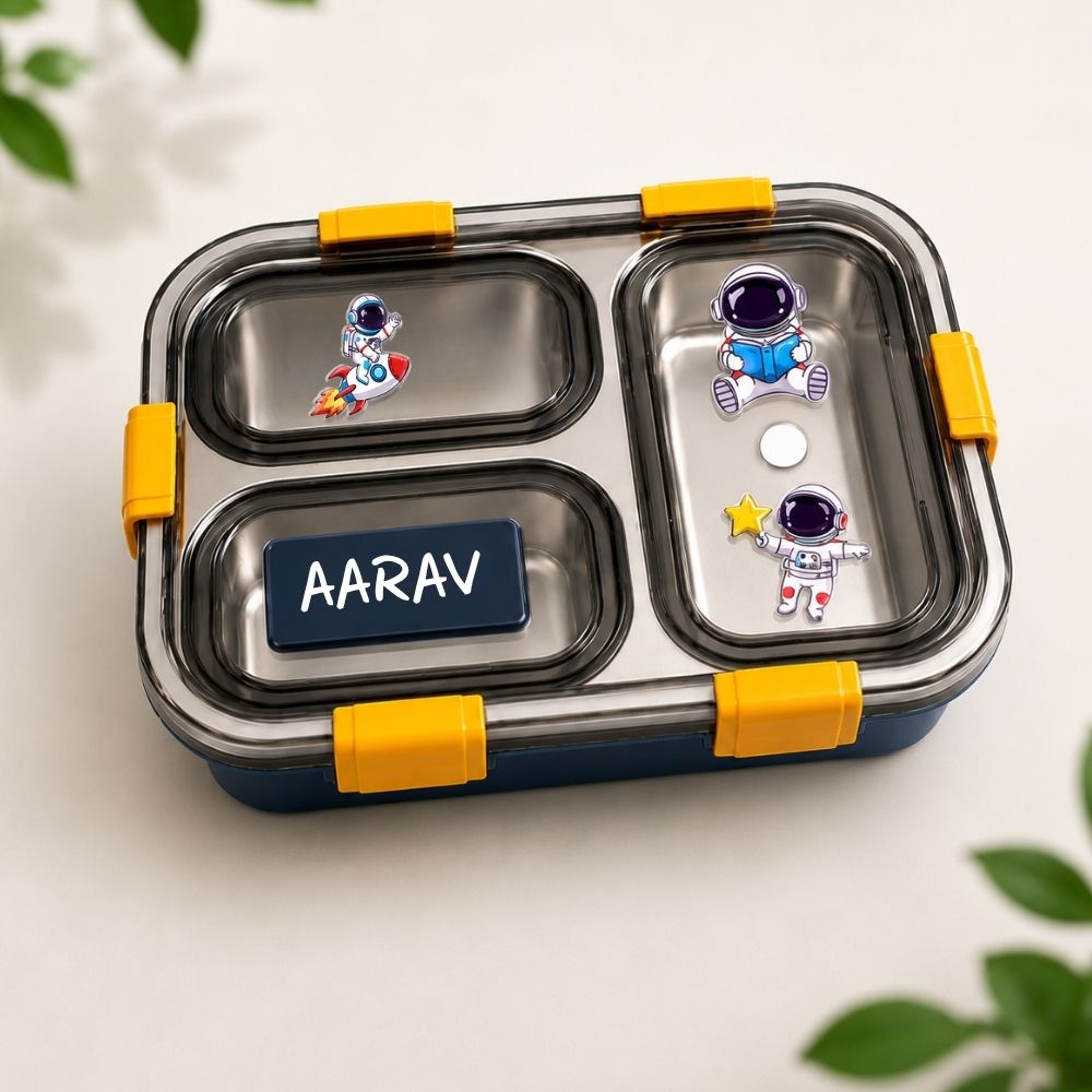 Personalized Kids Stainless Steel Lunch Box | Custom Name 3 Compartment Leakproof Tiffin Box