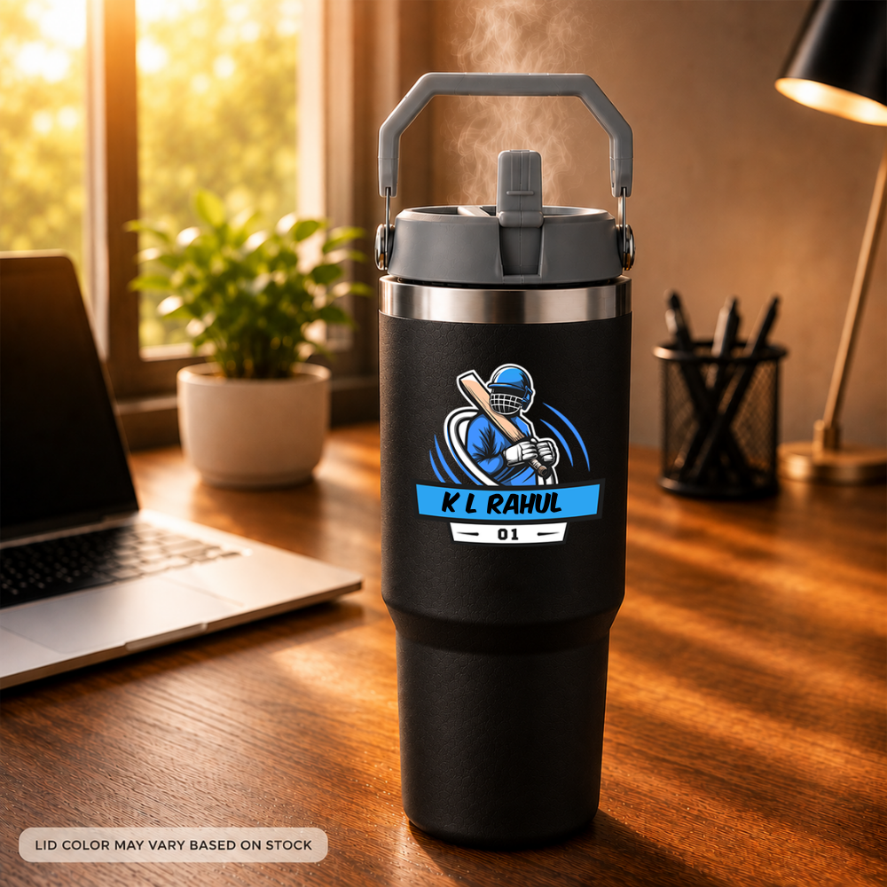 Customised Sipper Tumbler for Cricket Lovers – 900ml Stainless Steel Vacuum Insulated Bottle with Handle