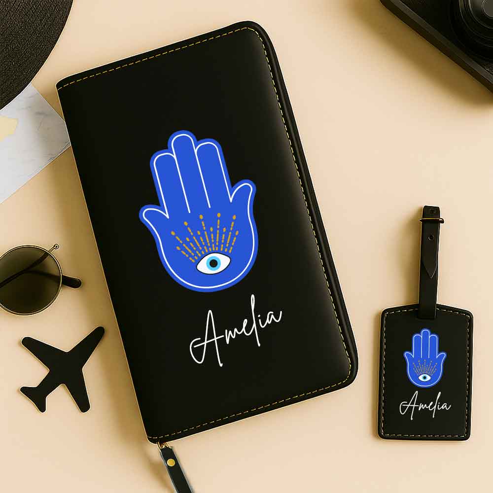 Passport Cover Personalised with Name Faux Leather Travel Wallet  & Luggage Tag Set