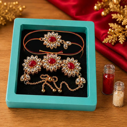 Bhaiya Bhabhi Rakhi Gift Box with 500ml Insulated Water Bottles, Kundan Rakhi & Lumba Bracelet
