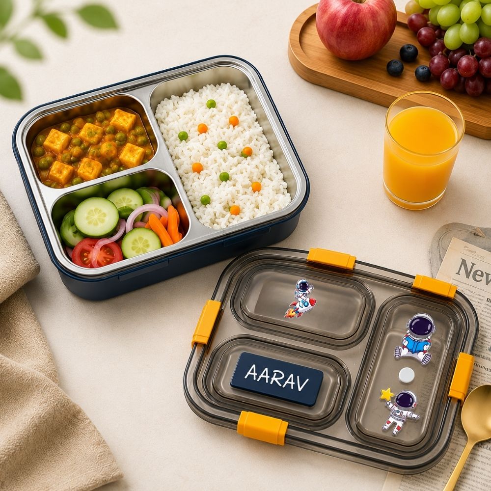 Personalized Kids Stainless Steel Lunch Box | Custom Name 3 Compartment Leakproof Tiffin Box